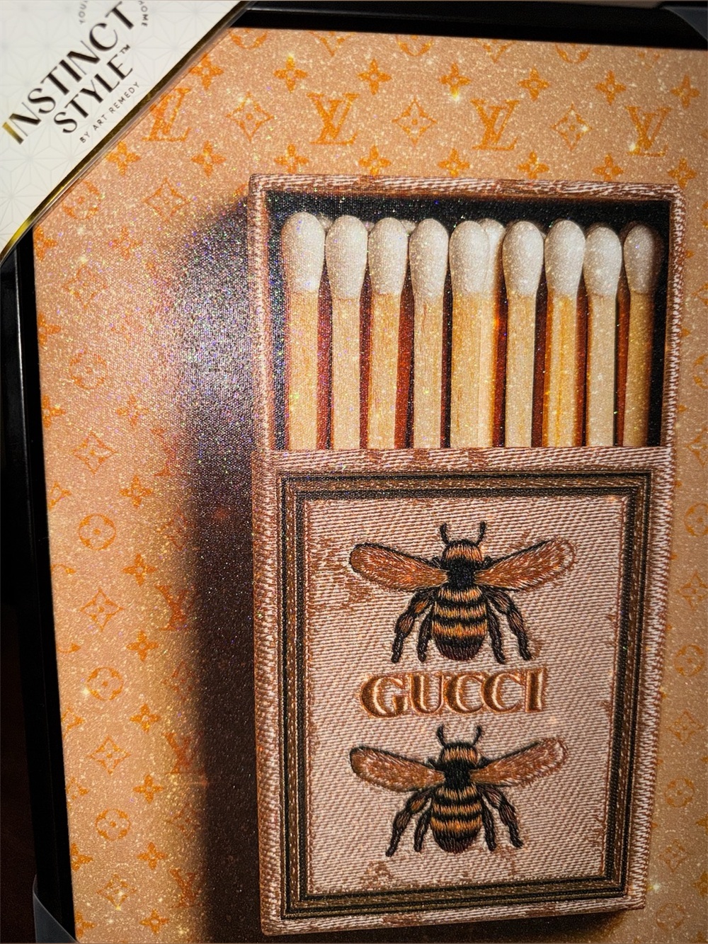 GUCCI Bee Matchbox Canvas Art w/ Yellow Iridescent Louis Vuitton Background